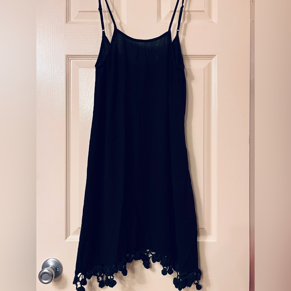 Volcom Stylish Black Dress with Pom Pom Hem